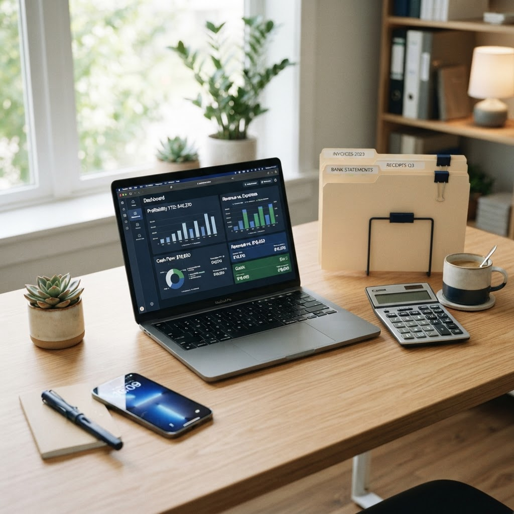 Organized small business bookkeeping workspace with a laptop showing a clean financial dashboard