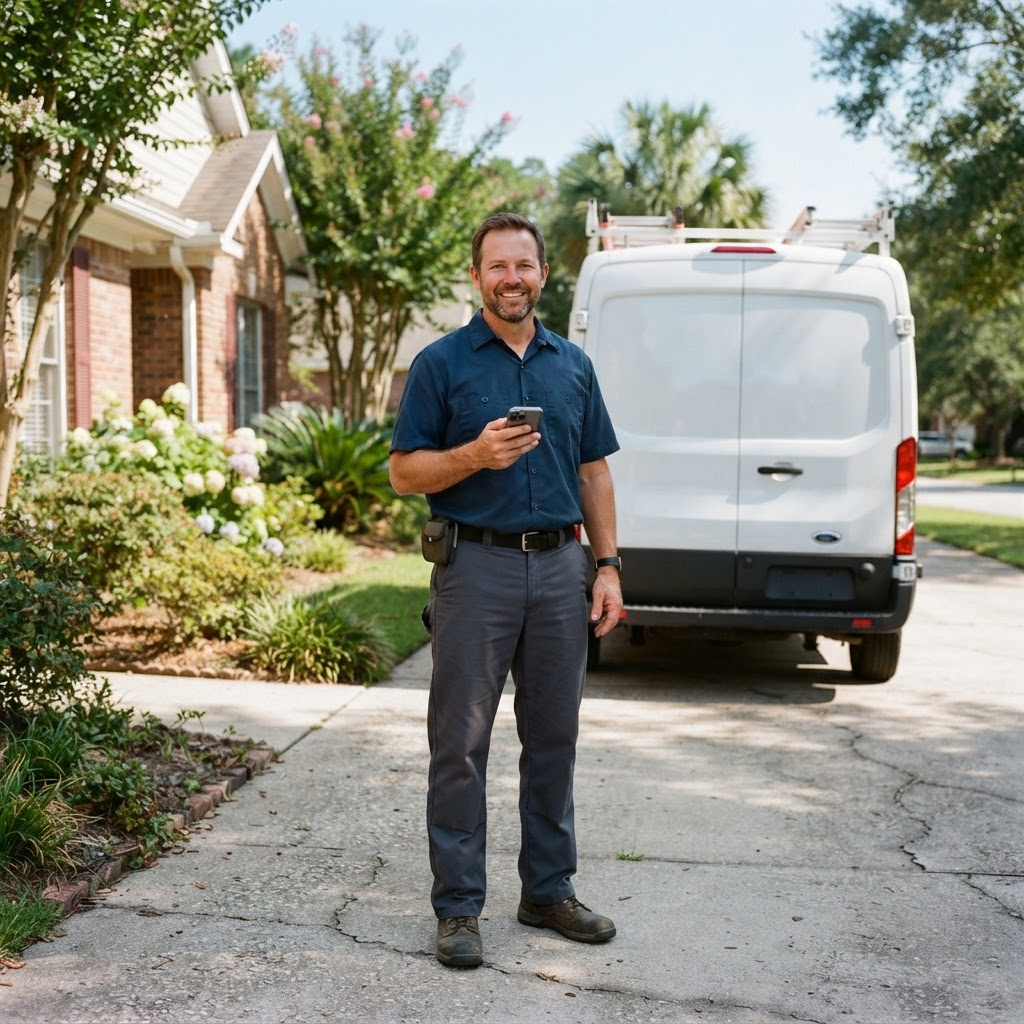 A friendly HVAC contractor standing by a service van